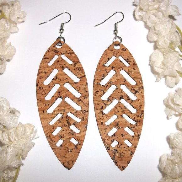 Lightweight Statement Earrings Brown Tan Cork With Silver Leaf Jewelry Set C143 - Picture 1 of 5